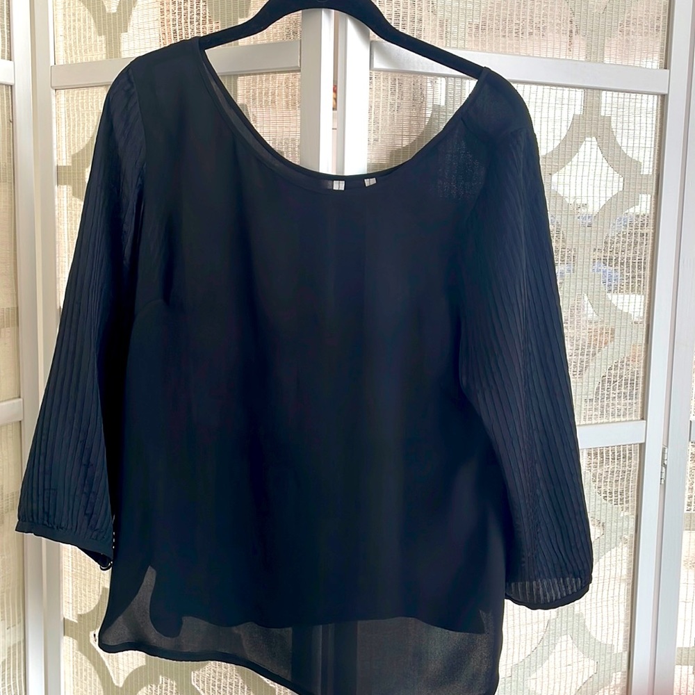 Beautiful silk top with scoop-neck back and delicate pleating on arms.